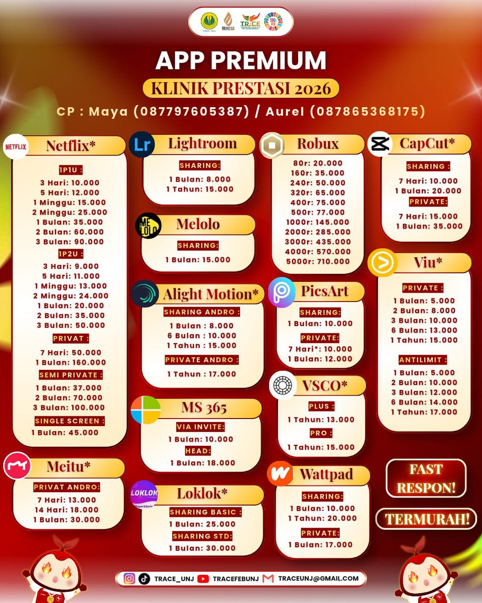 qeishha's tweet photo. 📢 BUTUH APP PREMIUM? 👀✨
✨ Sharing &amp; Private
💸 Harga mahasiswa
⚡ Proses cepat
🎯 Banyak pilihan
📩 Chat CP untuk cek paket &amp; ketersediaan!
☎️ Maya: 0877-9760-5387
☎️ Aurel: 0878-6536-8175
#AppPremium #KlinikPrestasi2026 #TRACE2026 https://t.co/eLsXUqexGr