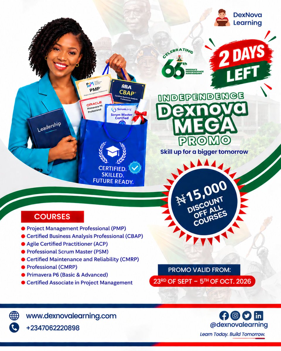 Dexlearning's tweet photo. Still thinking about that course?

There are only 2 days left on our Independence Day offer.

Get ₦15,000 off one course or ₦35,000 off when you register for two.

Offer ends 5th October 2026.

Send us a DM to get started. https://t.co/gYrbqykHCl