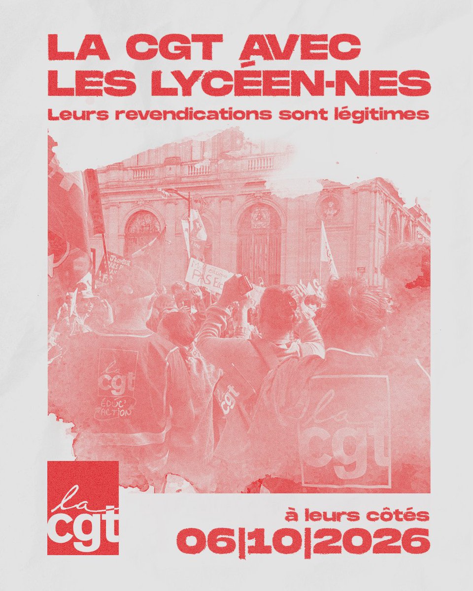 ActuCenter's tweet photo. 🔴🇫🇷‼️ ALERTE INFO - La CGT annonce rejoindre le mouvement des lycéens et des étudiants.

▶️ Le syndicat appelle à une grande journée de mobilisation mardi 6 octobre. https://t.co/Jeo7k1kxBi