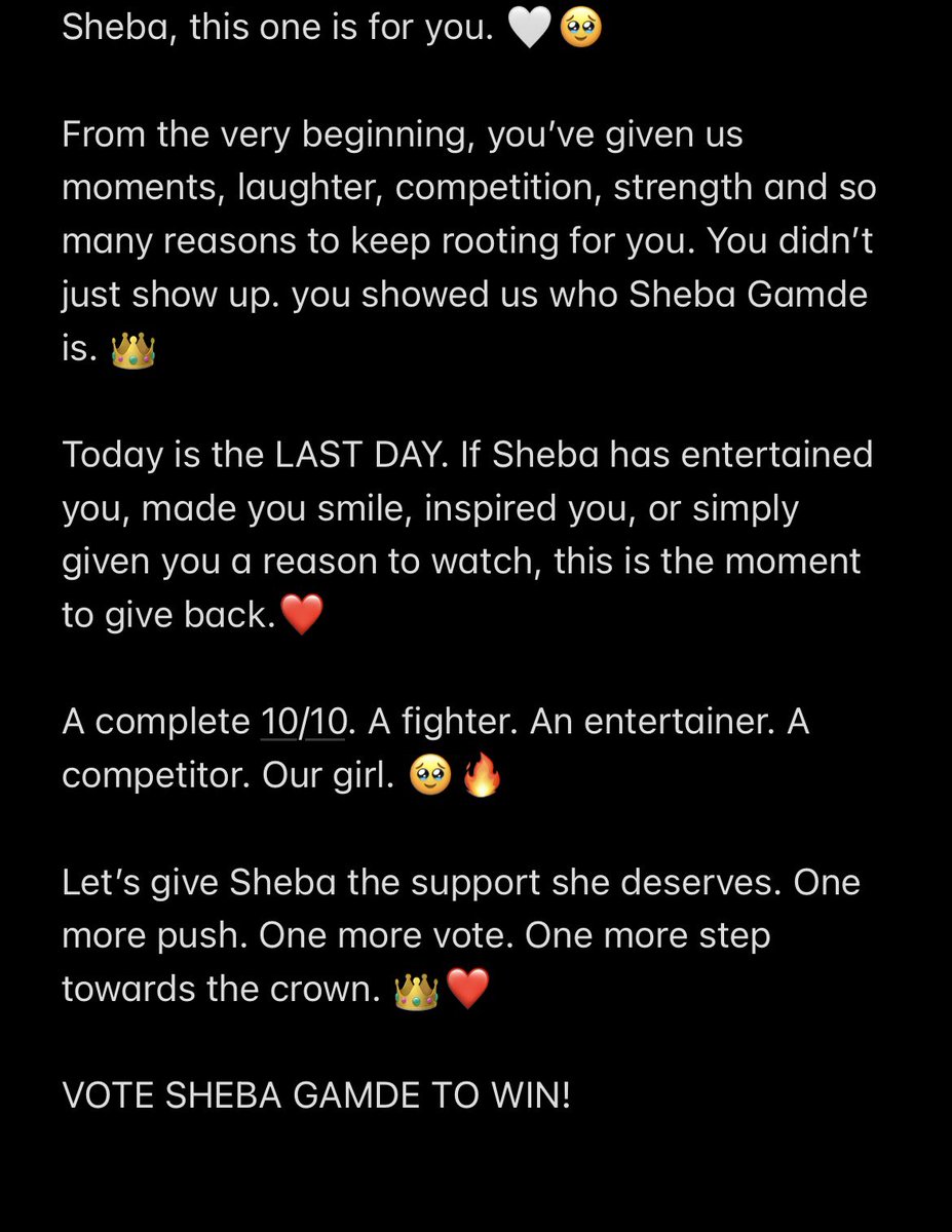adefaith209's tweet photo. Sheba has given us entertainment, strength &amp; unforgettable moments. 🥹❤️ A complete 10/10 and deserving of the crown! 👑

Last day  VOTE SHEBA GAMDE!🗳️🔥

#VoteSheba #BBNaija #shebagambe https://t.co/tWbsUjTZDk