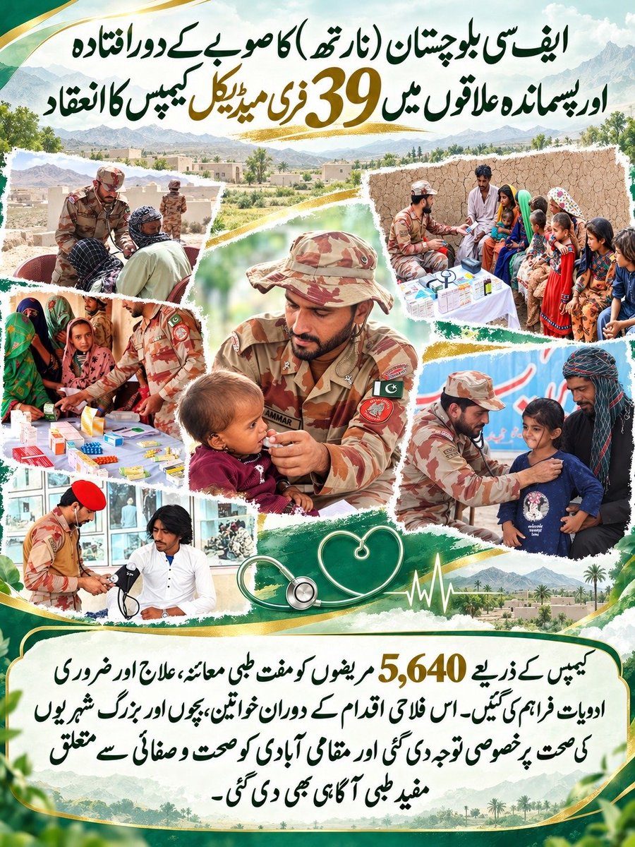 Zebabalochh44's tweet photo. ایف سی بلوچستان (نارتھ) کے دورافتادہ علاقوں میں 39 فری میڈیکل کیمپس، جہاں ہزاروں افراد کو مفت معائنہ، علاج، ادویات اور طبی آگاہی فراہم کی گئی، جبکہ خواتین، بچوں اور بزرگوں پر خصوصی توجہ دی گئی۔
#FCBalochistanNorth #FreeMedicalCamp #Balochistan #Pakistan https://t.co/fqO4sdTcz7