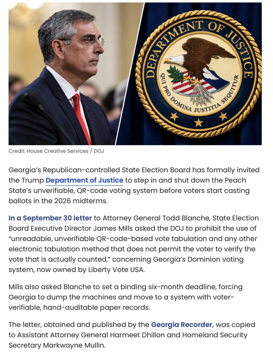 ConstitustionX's tweet photo. 🚨🚨 THIS IS BIGGER THAN THE GRAND CANYON 🚨🚨
Georgia’s State Election Board just detonated a political earthquake. In a 3-2 vote, the board formally asked the Trump DOJ to declare the statewide Dominion (now Liberty Vote) QR-code voting machines UNLAWFUL under the Help America Vote Act before the midterms.
They want Attorney General Todd Blanche to ban unreadable QR-code tabulation that voters cannot verify, force an immediate software patch for documented vulnerabilities, order forensic backups of election servers, and set a binding six-month phase-out. Executive Director James Mills sent the letter after a resolution by board member Carolyn Roddy.
Secretary of State Brad Raffensperger’s office is stonewalling and calling the demand “unserious” chaos, even as early voting starts October 13. The board says the current system encodes the actual counted votes in QR codes voters can’t read, and they’re done waiting until 2028.
This is the full-blown federal showdown over Georgia’s voting machines, not a press release. 🔥⚖️🗳️