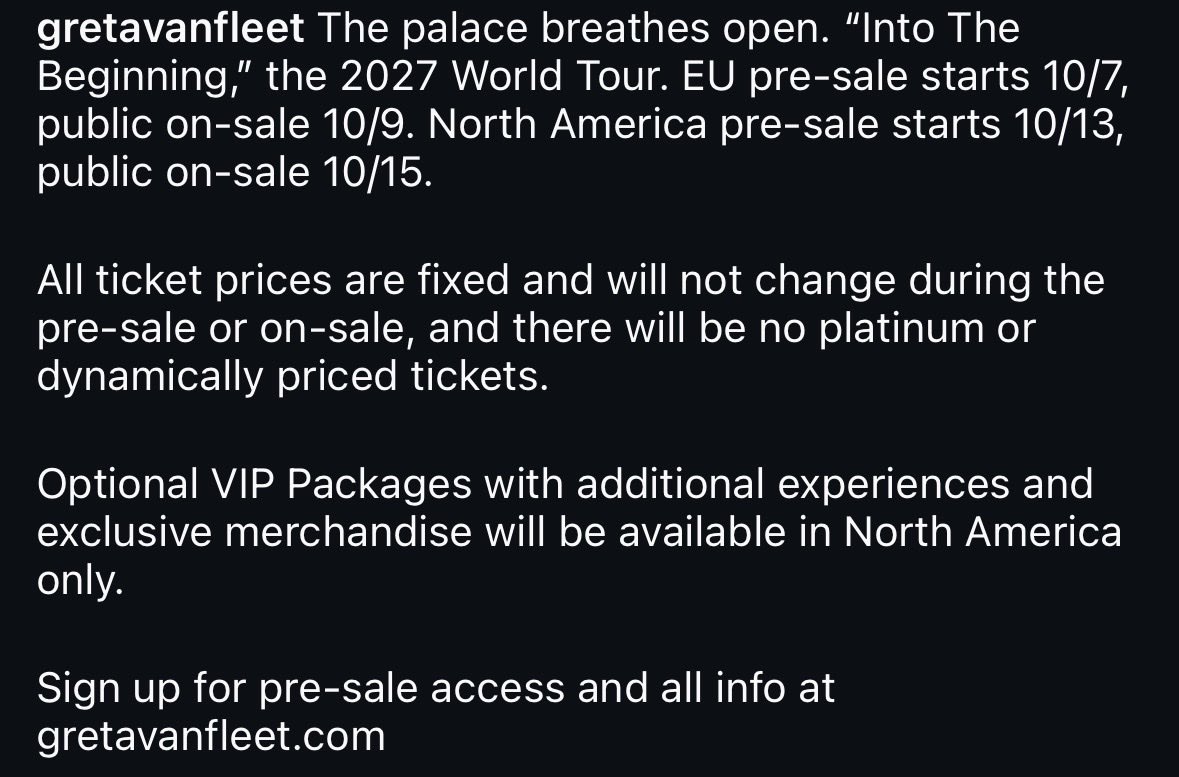 Ashleevanfleet2's tweet photo. Fixed pricing, no platinum or dynamically priced tickets. Okay, so they better not be outrageously priced! https://t.co/DlTmaoOCgh