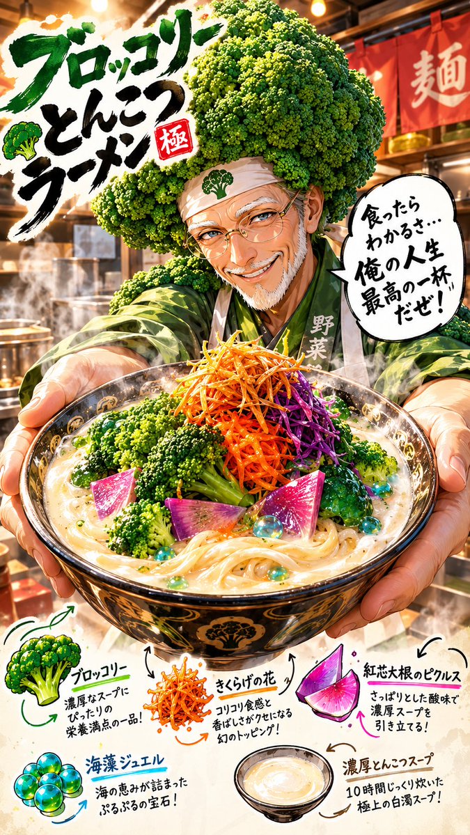 uhaoke_stamp's tweet photo. #とんこつラーメンの日
#うはおけプロンプト

「常識を煮込め。個性を盛れ。これが私の、唯一無二の特製とんこつ！」

さて、作ってしまいました、とんこつラーメンプロンプト！🍜✨

メジャーな具は乗らないように調整していますw

みんなの推しキャラは、どんなとんこつラーメンに仕上げてくるかな？☺

プロンプトはALTとコメント欄♪