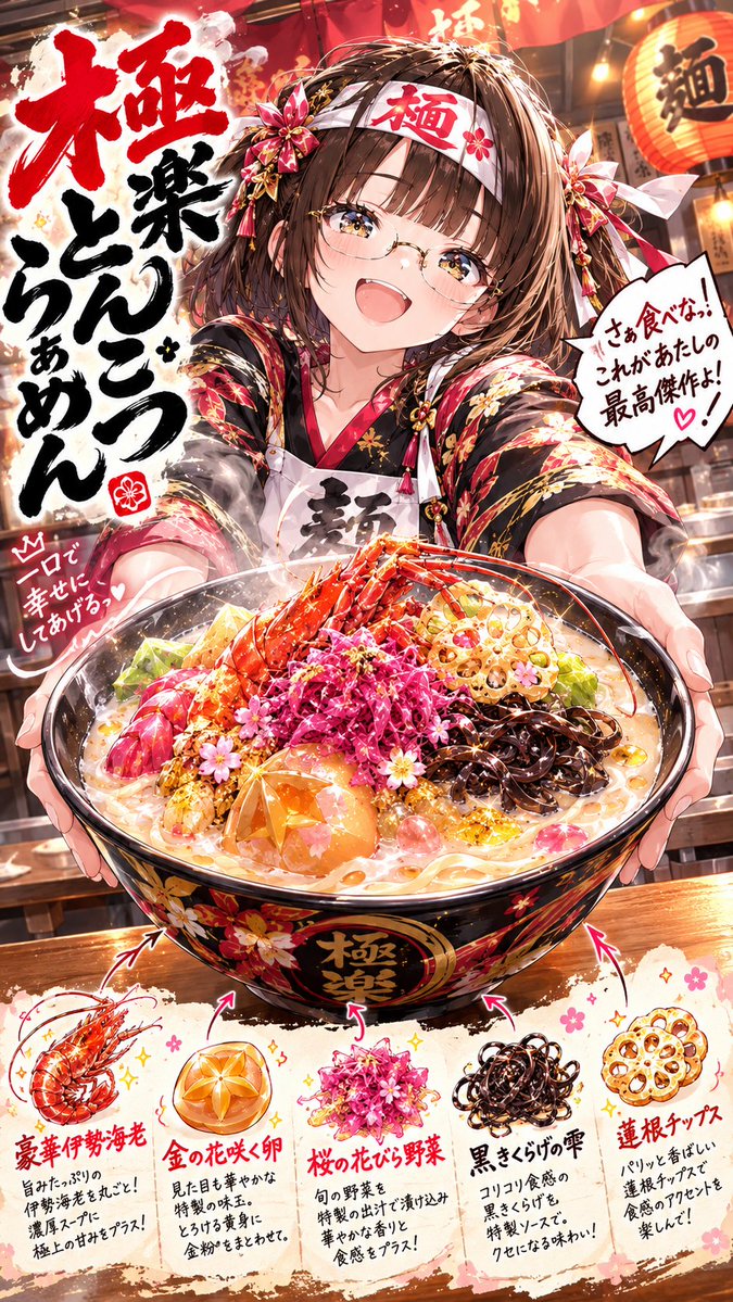 uhaoke_stamp's tweet photo. #とんこつラーメンの日
#うはおけプロンプト

「常識を煮込め。個性を盛れ。これが私の、唯一無二の特製とんこつ！」

さて、作ってしまいました、とんこつラーメンプロンプト！🍜✨

メジャーな具は乗らないように調整していますw

みんなの推しキャラは、どんなとんこつラーメンに仕上げてくるかな？☺

プロンプトはALTとコメント欄♪