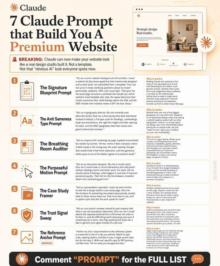 codeby_jack's tweet photo. 7 Claude Prompts to Build a Premium Website Without Starting From Scratch

A premium website is not just about good visuals. It's about typography, spacing, user experience, interactions, and trust.

Claude can help you approach website design like a professional design studio. https://t.co/E957ycZnyE