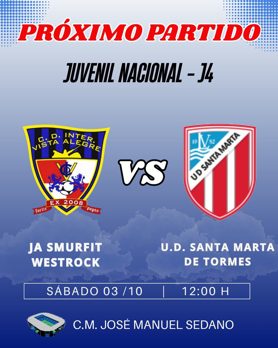 CDInterVA's tweet photo. ⚽️ J4 | Próximos partidos 💙💛

🏟️ Juvenil Nacional 🆚 UD Santa Marta
🕛 Sáb. 12:00

🏟️ Juvenil Regional 🆚 CD Almazán
🕞 Sáb. 15:45

🚌 CD Astudillo 🆚 Aficionado Preferente
🕔 Sáb. 17:00

🏟️ Infantil Regional 🆚 Unionistas Salamanca B
🕛 Sáb. 12:00

🙌 ¡Mucha suerte a todos! https://t.co/xg4GE0ahHW