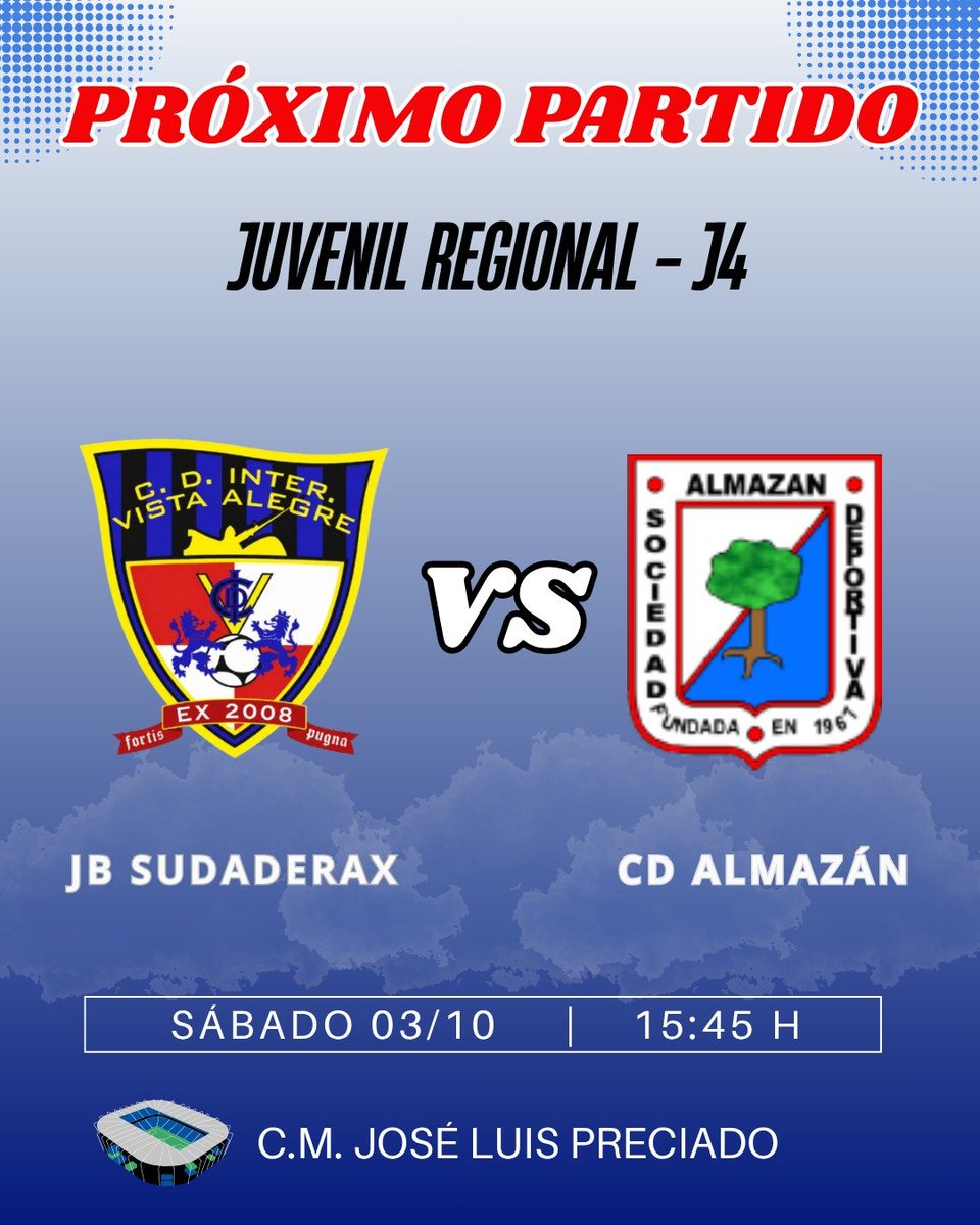 CDInterVA's tweet photo. ⚽️ J4 | Próximos partidos 💙💛

🏟️ Juvenil Nacional 🆚 UD Santa Marta
🕛 Sáb. 12:00

🏟️ Juvenil Regional 🆚 CD Almazán
🕞 Sáb. 15:45

🚌 CD Astudillo 🆚 Aficionado Preferente
🕔 Sáb. 17:00

🏟️ Infantil Regional 🆚 Unionistas Salamanca B
🕛 Sáb. 12:00

🙌 ¡Mucha suerte a todos! https://t.co/xg4GE0ahHW