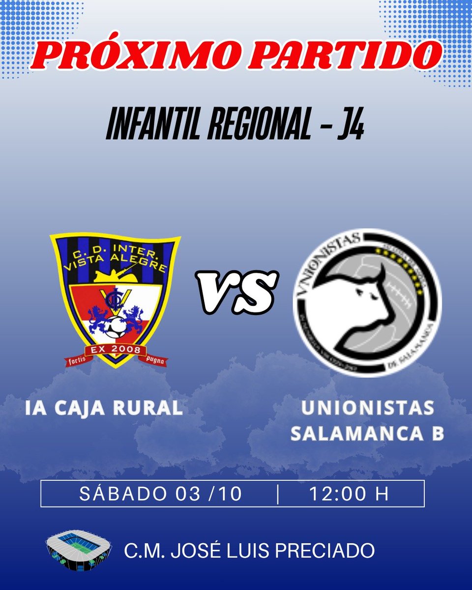 CDInterVA's tweet photo. ⚽️ J4 | Próximos partidos 💙💛

🏟️ Juvenil Nacional 🆚 UD Santa Marta
🕛 Sáb. 12:00

🏟️ Juvenil Regional 🆚 CD Almazán
🕞 Sáb. 15:45

🚌 CD Astudillo 🆚 Aficionado Preferente
🕔 Sáb. 17:00

🏟️ Infantil Regional 🆚 Unionistas Salamanca B
🕛 Sáb. 12:00

🙌 ¡Mucha suerte a todos! https://t.co/xg4GE0ahHW