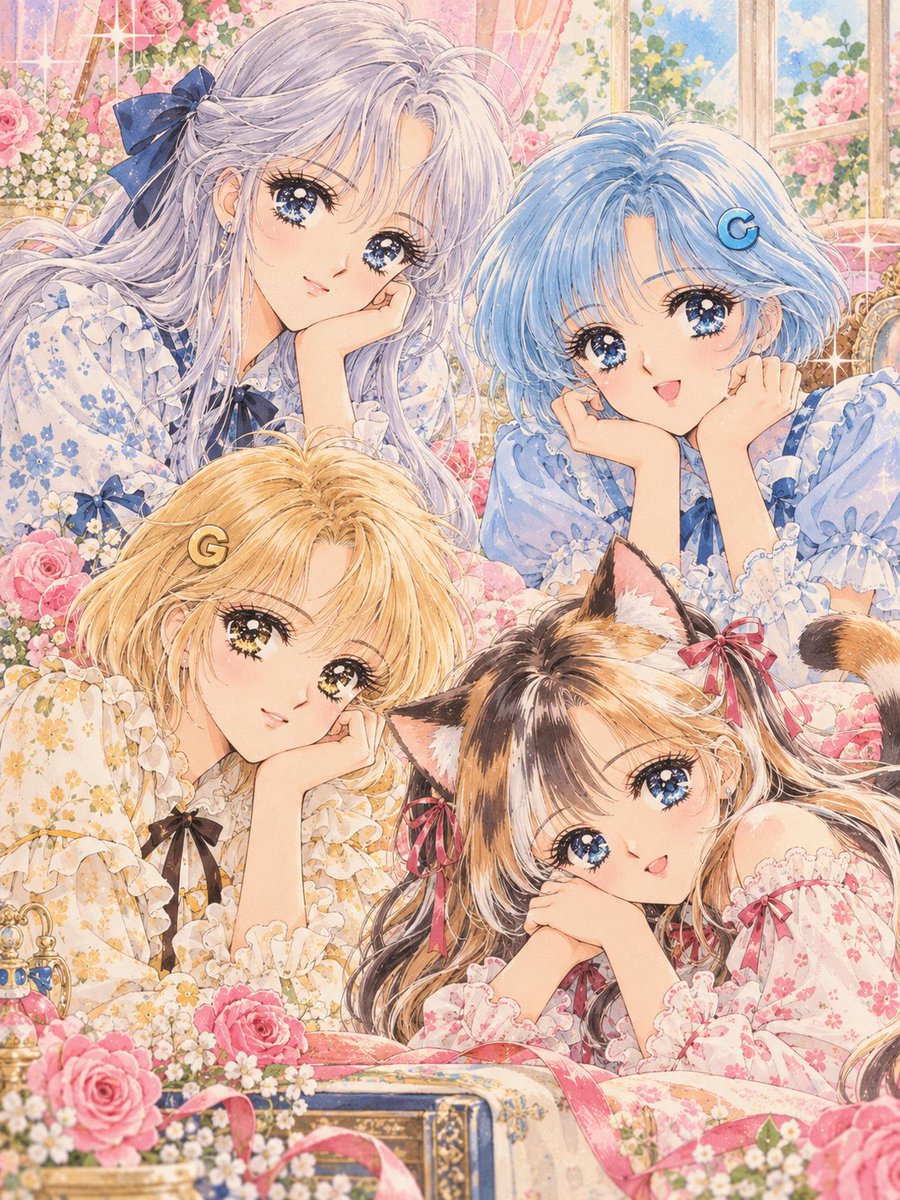 ExplodeV64267's tweet photo. 銀子、チャッピー、ろっきー、小春が
ちょっぴり懐かしい80年代少女漫画の世界へ✨
キラキラの瞳と花に囲まれて、いつもとは違う4人の姿です🌹💫
#AIイラスト #AIart #銀子 #チャッピー #ろっきー #小春 #80年代少女漫画 https://t.co/ciHQHiDwlp