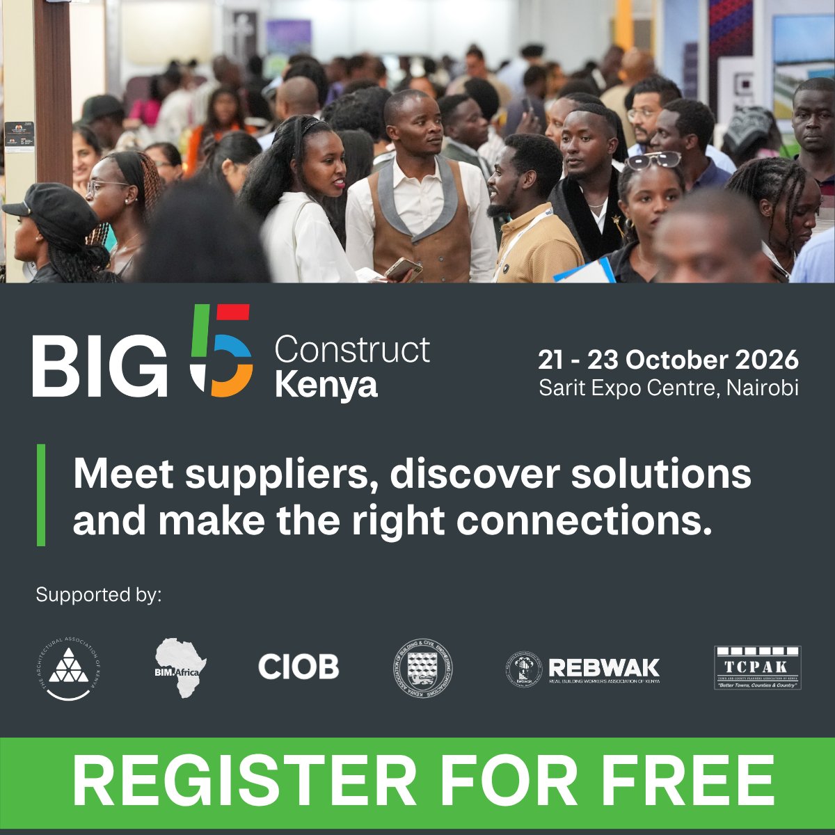 TCPAKOfficial's tweet photo. Join us at the 9th edition of Big 5 Construct Kenya, taking place from 21- 23 October 2026 at Sarit Expo Centre, Nairobi.
Register here: https://t.co/exSUMxKUPM
#Big5ConstructKenya #ConstructionKenya #TCPAK https://t.co/VcsSRTlBiF