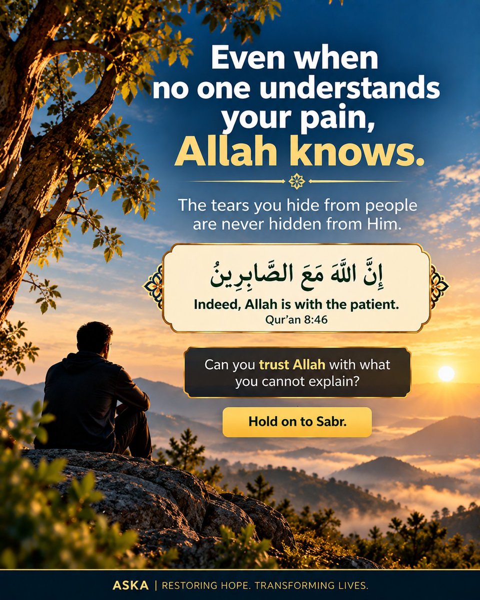 Afrozsk03's tweet photo. When no one understands, Allah still knows. 

Your hidden tears are never hidden from Allah.
Hold on to Sabr and trust Him.

Keep going. Keep trusting Allah.

#Sabr #TrustAllah #Quran #IslamicReminder https://t.co/b0nGmPBEJE