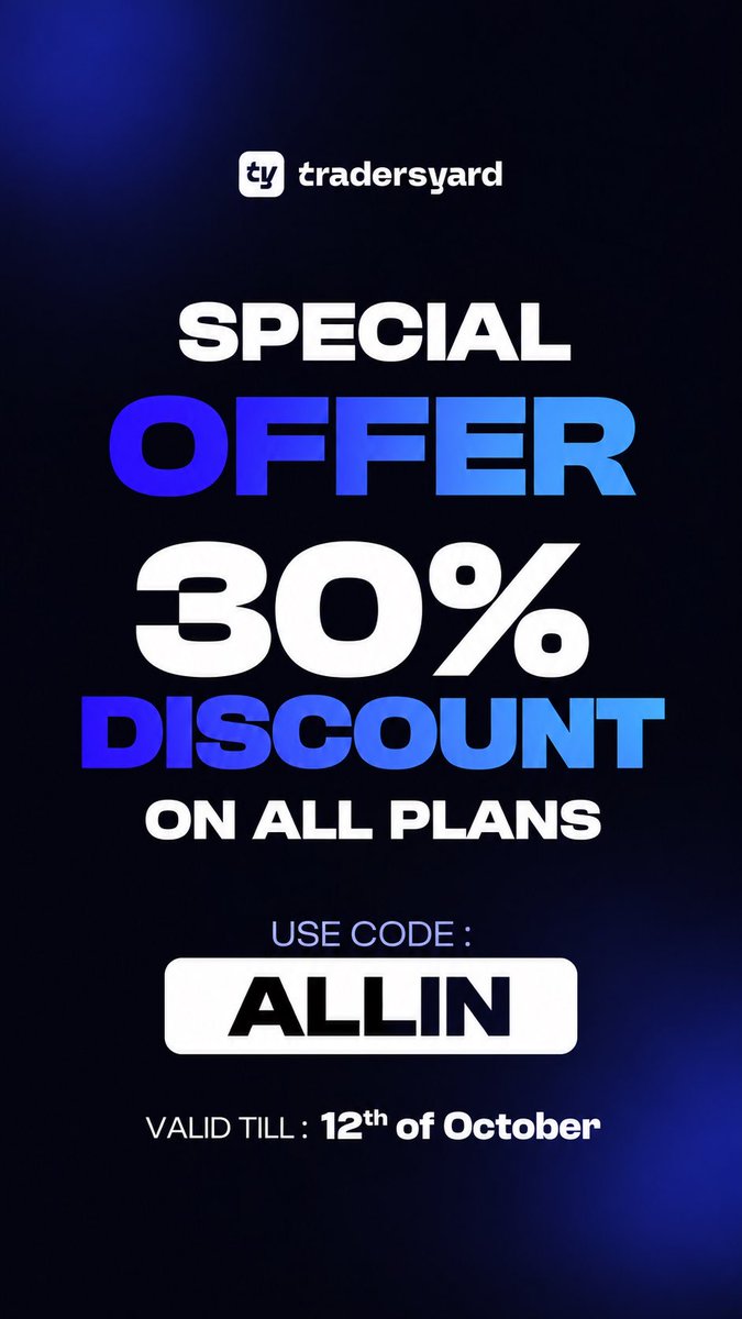 TradersYard's tweet photo. Ready to go all in with TradersYard? 

We are currently running a special offer where you can get a 30% discount on all plans to help you hit your next trading milestone.  

Use code: ALLIN
Valid till: 12th of October  

Don't miss out on this. Click the link in our bio to get started!