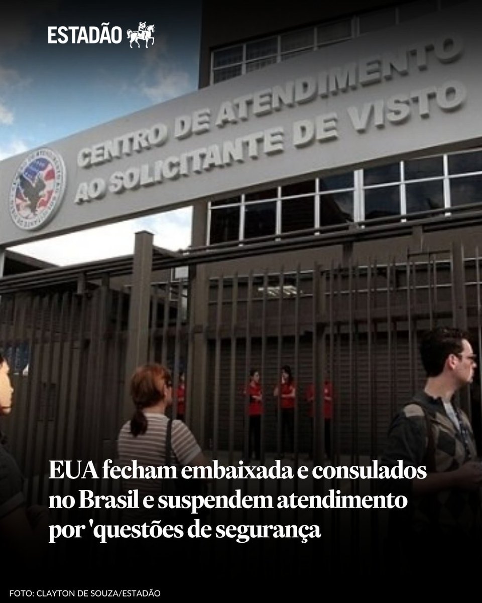 Estadao's tweet photo. EUA fecham embaixada e consulados no Brasil e suspendem atendimentos por ‘questões de segurança’ → https://t.co/JX8JueBHaj

Governo americano não informou o motivo da ação nem quando os atendimentos serão retomados https://t.co/ihqdGbj8b6