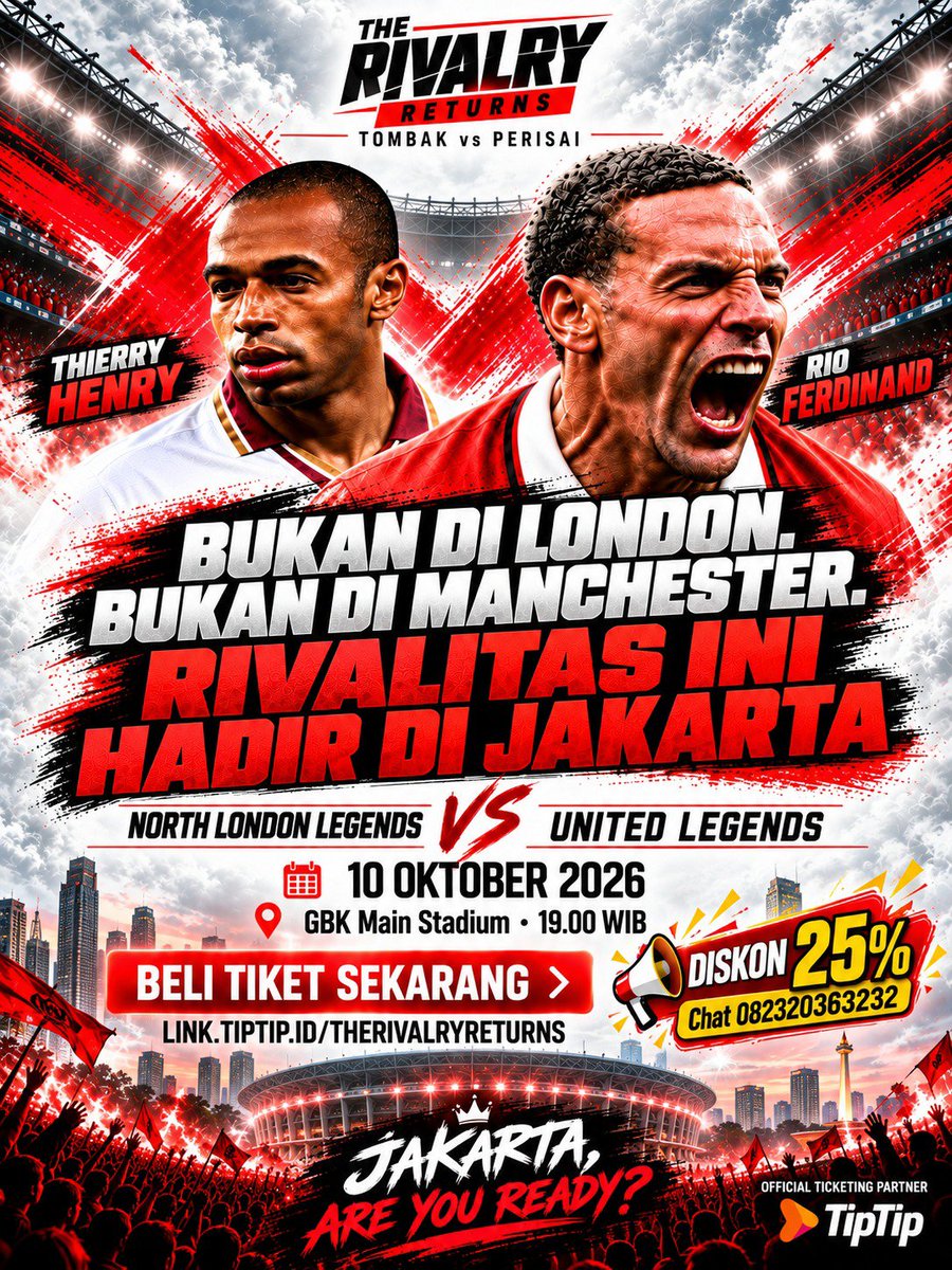 dnngomusi106's tweet photo. gak nyangka beneran kejadian! United vs NorthLondon Legend bakal main langsung di jakarta. sabtu 10 oktober 2026 di gbk, ini kesempatan langka buat nostalgia era henry lawan ferdinand yang legendaris #TheRivalryReturns https://t.co/pYCrijichs
