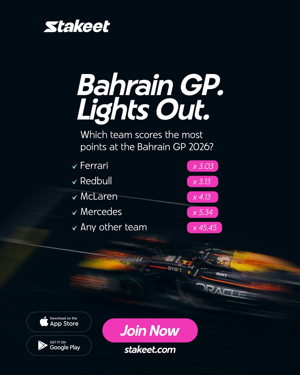 stakeetofficial's tweet photo. Bahrain GP. New stage, same F1 intensity. 🏁🔥
Which team will score the most points this weekend? 👀

Will a front-runner dominate, or will another team steal the spotlight in Sepang? 🏎️💨

Make your prediction on Stakeet.
👉🏾 https://t.co/ivyKZWqq1C

#Stakeet #F1 #BahrainGP #Formula1