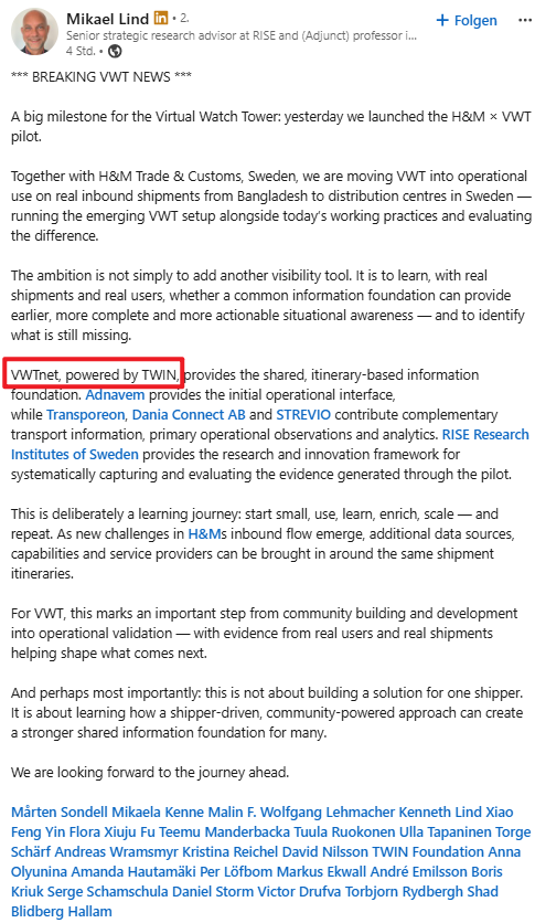 whatmicha's tweet photo. Virtual Watch Tower, 
Part of the Steering Committee
Jens Munch Lund-Nielsen (Head of Global Trade & Supply Chins at IOTA Foundation),

Announces a pilot that launched yesterdays with H&M. Using real shipments from Bangladesh to Sweden, running in parallel to the legacy system.

What a great news to start the weekend