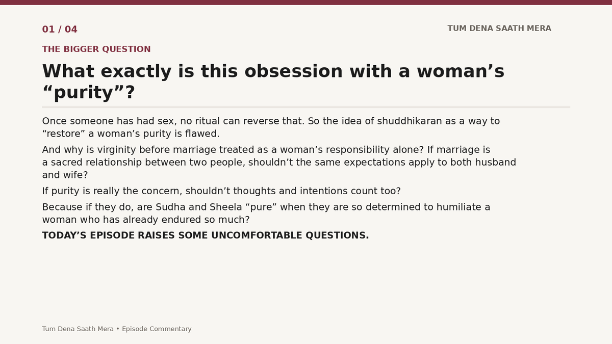 priyanka1112's tweet photo. Today’s episode of #TumDenaSaathMera wasn’t just about Aprajita’s “purity”. It raised bigger questions about virginity, double standards, women’s agency &amp; the role men should play in standing up for women.
Take a bow @sritijha173598 @SHABIRAHLUWALIA @radhikaanand66 @shilpafdmello https://t.co/jUlkXliydi
