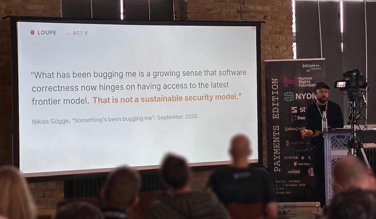 matthewvuk2's tweet photo. There is an arms race between the attackers and maintainers as to who has the superior frontier AI model. 

“That is not a sustainable security model” - @dergoegge 

@_tnull @ProjectLoupe @btcplusplus https://t.co/ZwnSWLtIXZ