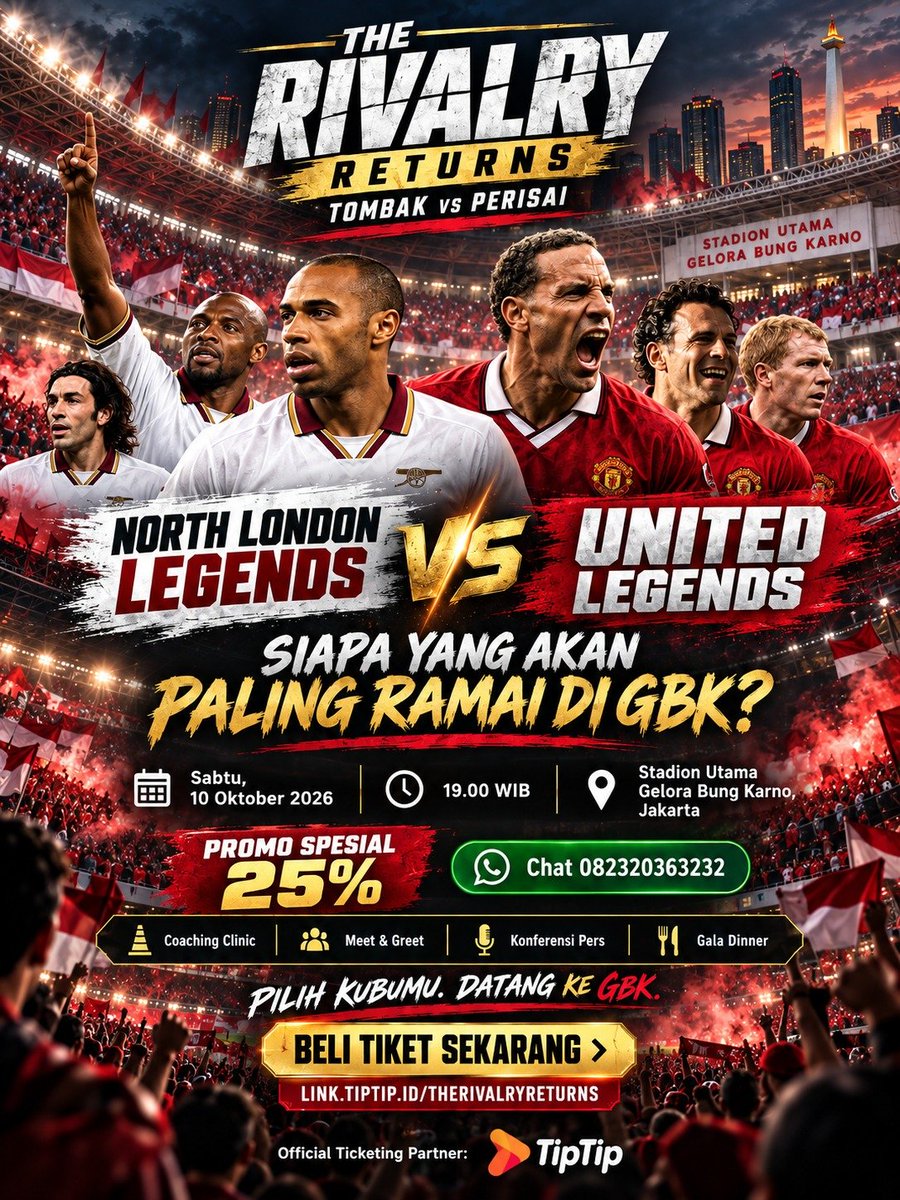 Hendery92's tweet photo. akhirnya ada juga momen nostalgia begini. United vs NorthLondon Legend bakal ketemu di GBK 10 Oktober 2026! Kebayang Henry vs Rio, Giggs dkk turun lagi di lapangan 😭🔥 #TheRivalryReturns https://t.co/6vjfqKWJw0