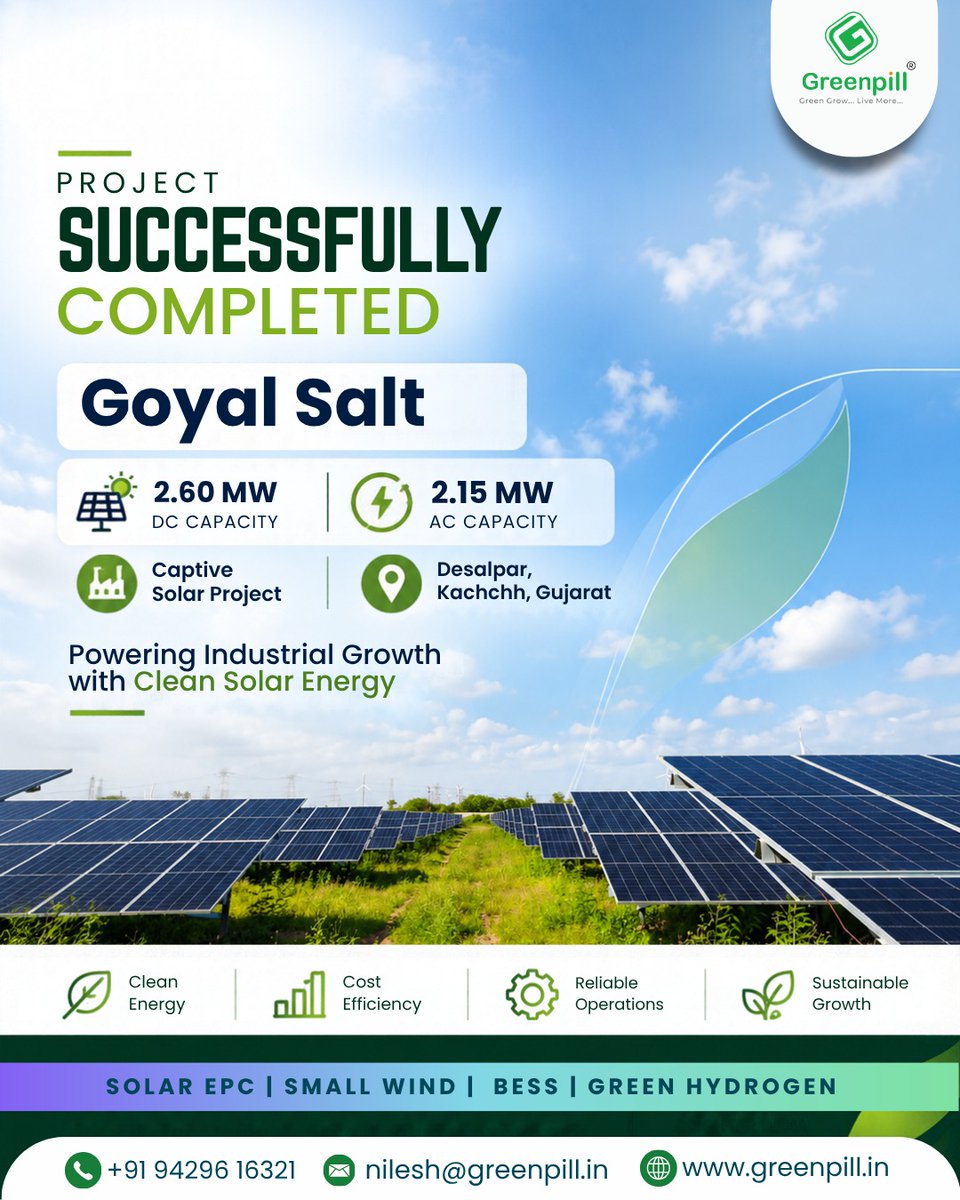 greenpilloffc's tweet photo. ⚡ Commissioned: 2.60 MW DC / 2.15 MW AC Captive Solar Project for Goyal Salt in Desalpar, Kachchh, Gujarat!

🌐 https://t.co/1JpgQWsDAc

#SolarEnergy #CaptiveSolar #SolarEPC #CleanTech #Gujarat #Greenpill https://t.co/DHsxh93D4b
