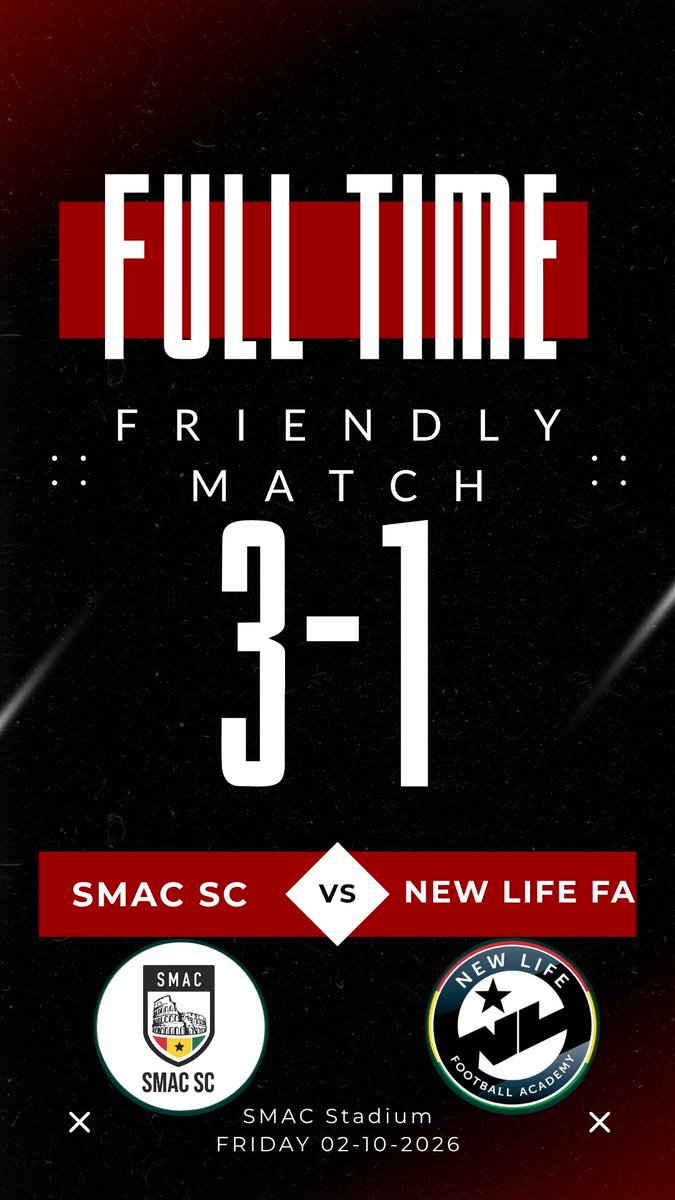 smacafrica's tweet photo. FULL TIME
A strong performance from SMAC SC as we secure a 3–1 victory over New Life FA in today’s friendly match. 💪⚽️
Good work, boys. We keep building. 🔥
#SMACSC #FullTime #FriendlyMatch #WeAreSMAC #FootballGhana https://t.co/CwuWvHgsUA