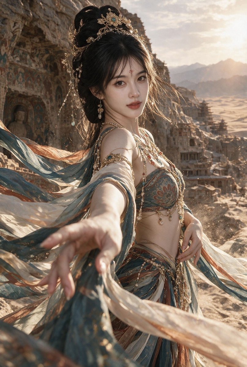 Dandaforfunoob's tweet photo. 大漠起舞，飞扬千年风华✨ Dunhuang dancer, dancing with the desert breeze. #敦煌 #沙漠 #舞蹈 #Dunhuang #DesertVibes https://t.co/FtW4no9a0u