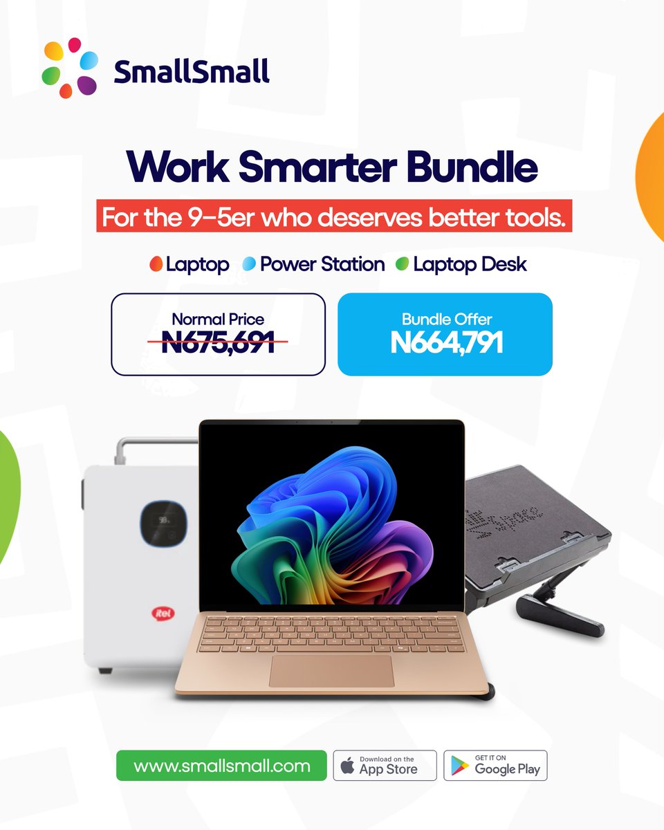 smallsmallhq's tweet photo. Where are my 9-5ers(salary workers). 
Get this bundle with just 35% down, and have it delivered in 3–5 working days, then spread the balance into manageable instalments. 🙌🏾

👉🏾 Visit https://t.co/E0WPtiT0PS to get started.

#SalaryEarners #SmartSpending #PaySmallSmall #BNPL https://t.co/fE85l2EsYi