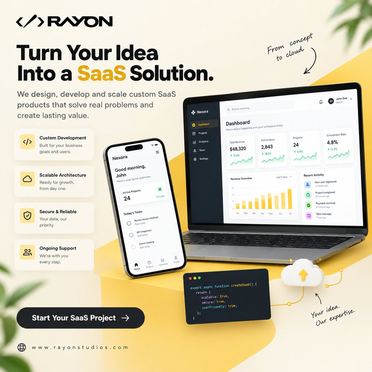 rayonstudios's tweet photo. If you had a SaaS idea today, what problem would you want it to solve?

Turning an idea into a SaaS product takes more than development. It requires the right architecture, user experience, security, scalability, and a clear understanding of the problem the product is solving.

A strong SaaS solution should be:

Custom built around your business goals and users.

Scalable so it can grow as your users and requirements increase.
 
Secure and reliable to protect your product and data.
 
User friendly so people can understand and use it with ease.

Built for long term growth rather than just getting an idea into production.

The most important part is starting with the right idea and turning it into a product that delivers real value.
So, if you could build one SaaS product right now, what would it do and who would it help?

#SaaS #SaaSDevelopment #SaaSProduct #SoftwareDevelopment #CustomSoftware #WebDevelopment #AppDevelopment #UIUXDesign #AIIntegration #ChatbotIntegration #BusinessAutomation #DigitalTransformation #ProductDevelopment #RayonStudios