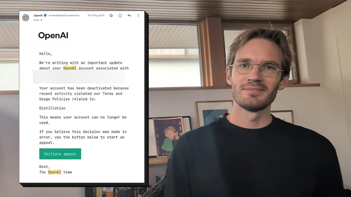 Pirat_Nation's tweet photo. PewDiePie says OpenAI banned him twice while he was working on his own AI model.

He claims the first ban was related to “distillation,” while the second happened after he used AI to generate training data.

He has now shown off Ajax, a smaller AI model designed to run directly on a normal home PC. It’s based on Qwen3.5-9B and is built to work with his own self-hosted AI setup

He also used the open-source Heretic tool to remove many of its built-in refusals, while keeping some safety limits.