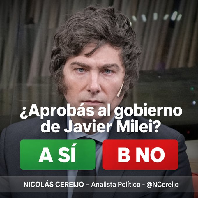 NCereijo's tweet photo. ¿Aprobás al gobierno de Javier Milei ? 

A SÍ 
B NO