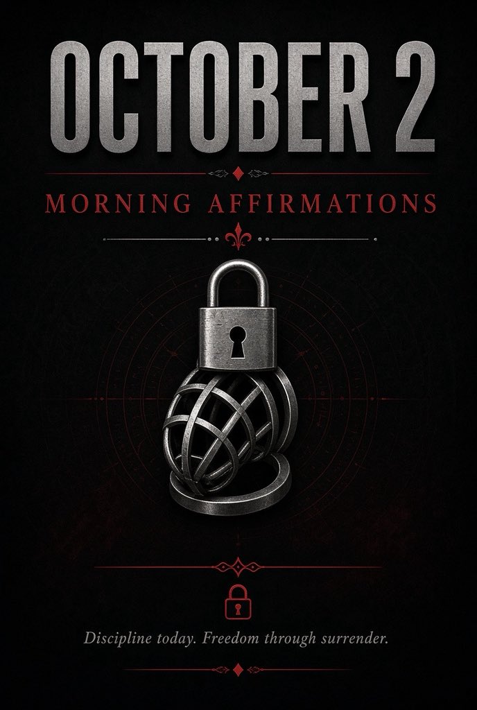 GoddesshushL's tweet photo. Good morning, locked boys.
October 2.
Discipline today.
Freedom through surrender.
Your cage stays on. Your focus stays on Me.
Serve. Suffer. Smile.
#MorningAffirmations #LockedAndOwned #Chastity #MistressSays https://t.co/NbxnEoBUUK