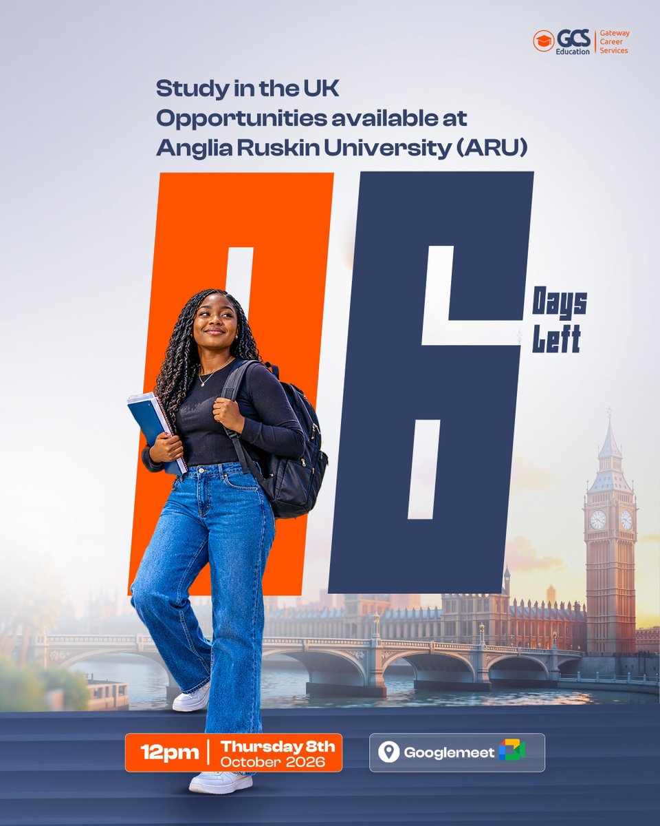 gcseducation's tweet photo. With 6Days to go, explore study opportunities at Anglia Ruskin University (ARU).

Thursday, 8th October 2026
12PM | 💻 Google Meet

Your UK study journey starts here!
Click on the link in our bio to register or
📩 DM us to learn more.

#StudyInTheUK #StudyAbroad #GCSeducation https://t.co/3pyVHSAT9G