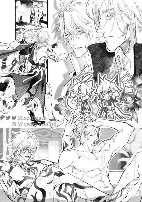 Mixedsnack's tweet photo. I'm very happy with how this [Character Page] come out 🎶 It feels like I could show a glimpse of how I see Phainon and Mydei 😊 Please look forward to my stories of this beautiful pairing, too! #PhaiDei #MyPhai #HSR https://t.co/Bc626kL1XE