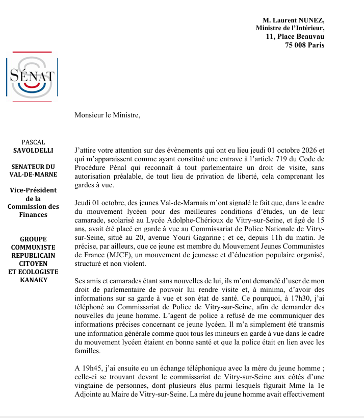 PSavoldelli94's tweet photo. A-T-ON VOULU ENTRAVER MON DROIT DE VISITE PARLEMENTAIRE ?

Suite à la garde à vue d'un Jeune Communiste de Vitry âgé de 15 ans, je demande des explications au Ministre de l'Intérieur. https://t.co/fL8MAiLg05