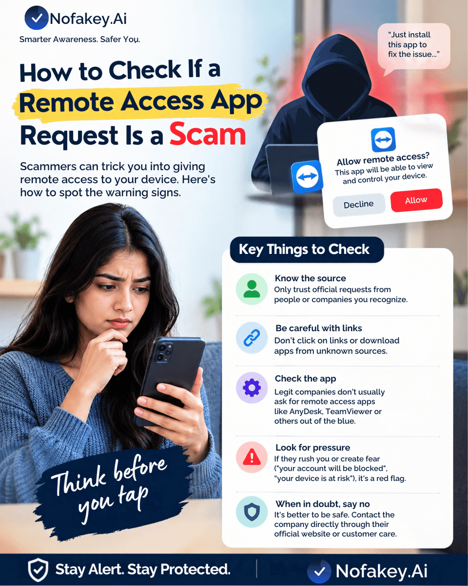 nofakey_ai's tweet photo. Remote access request you weren’t expecting?  Stop before you tap Allow.
Scammers may use remote-access apps to control your device or access sensitive information. Verify the source first.
#NoFakeYAI #ScamAlert #RemoteAccessScam #CyberSecurity #OnlineSafety #ScamAwareness https://t.co/bu3BAUUVqV