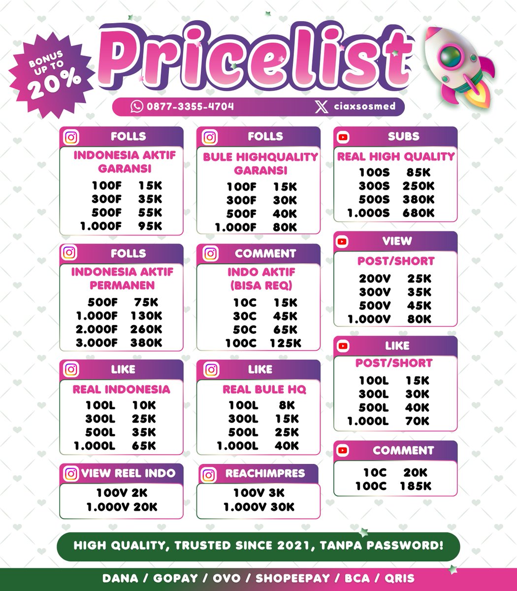 ofcaake's tweet photo. MALAM OPEN ORDER WA DIBIO😍💗
FAST ON WA TESTI 6.000++

WTS WTB jual followers ig indo folls instagram tambah follower tiktok tt shopee youtube fb pro threads upfoll sosmed like view fyp murah sosmed share save buzzer komentar real akun indonesia aktif garansi permanen zonauang~ https://t.co/GJvGSBM42L