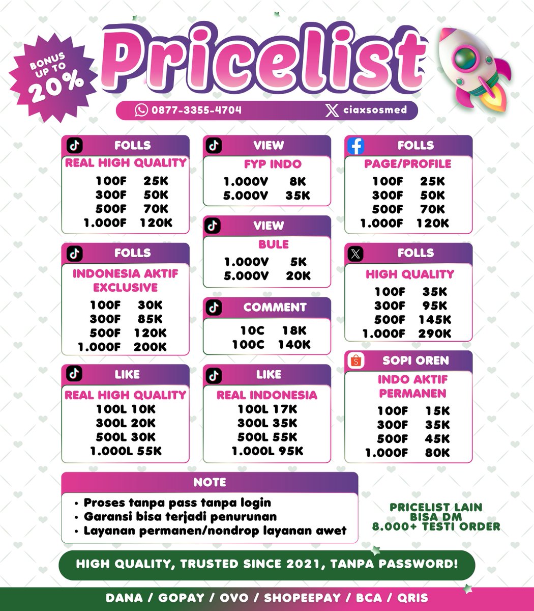 ofcaake's tweet photo. MALAM OPEN ORDER WA DIBIO😍💗
FAST ON WA TESTI 6.000++

WTS WTB jual followers ig indo folls instagram tambah follower tiktok tt shopee youtube fb pro threads upfoll sosmed like view fyp murah sosmed share save buzzer komentar real akun indonesia aktif garansi permanen zonauang~ https://t.co/GJvGSBM42L