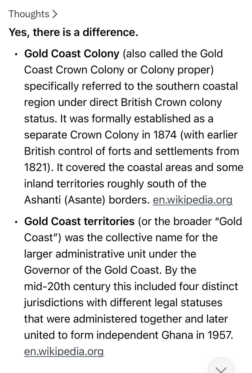 KwesiStocks's tweet photo. @elliot_solution There’s a difference between Gold Coast Colony &amp; Gold Coast Territory 

Ashanti was part of Gold Coast territory

GoldCoast Territory involved (Accra, Cape Coast essentially the South)

Gold Coast Territory included (Ashanti,BritishTogoland &amp; even at some point Lagos

Read📚@grok https://t.co/7u8XMom1eb