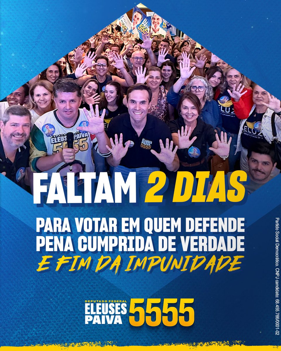 eleusespaivaf's tweet photo. A impunidade fortalece a bandidagem!
Precisamos fazer valer nossas leis e exigir que as penas sejam cumpridas de verdade!

5️⃣5️⃣5️⃣5️⃣✅
ELEUSES PAIVA para Deputado Federal 🇧🇷

PROPAGANDA ELEITORAL. Partido Social Democrático - CNPJ: 68.455.766/0001-02 https://t.co/8in1hKlX5c