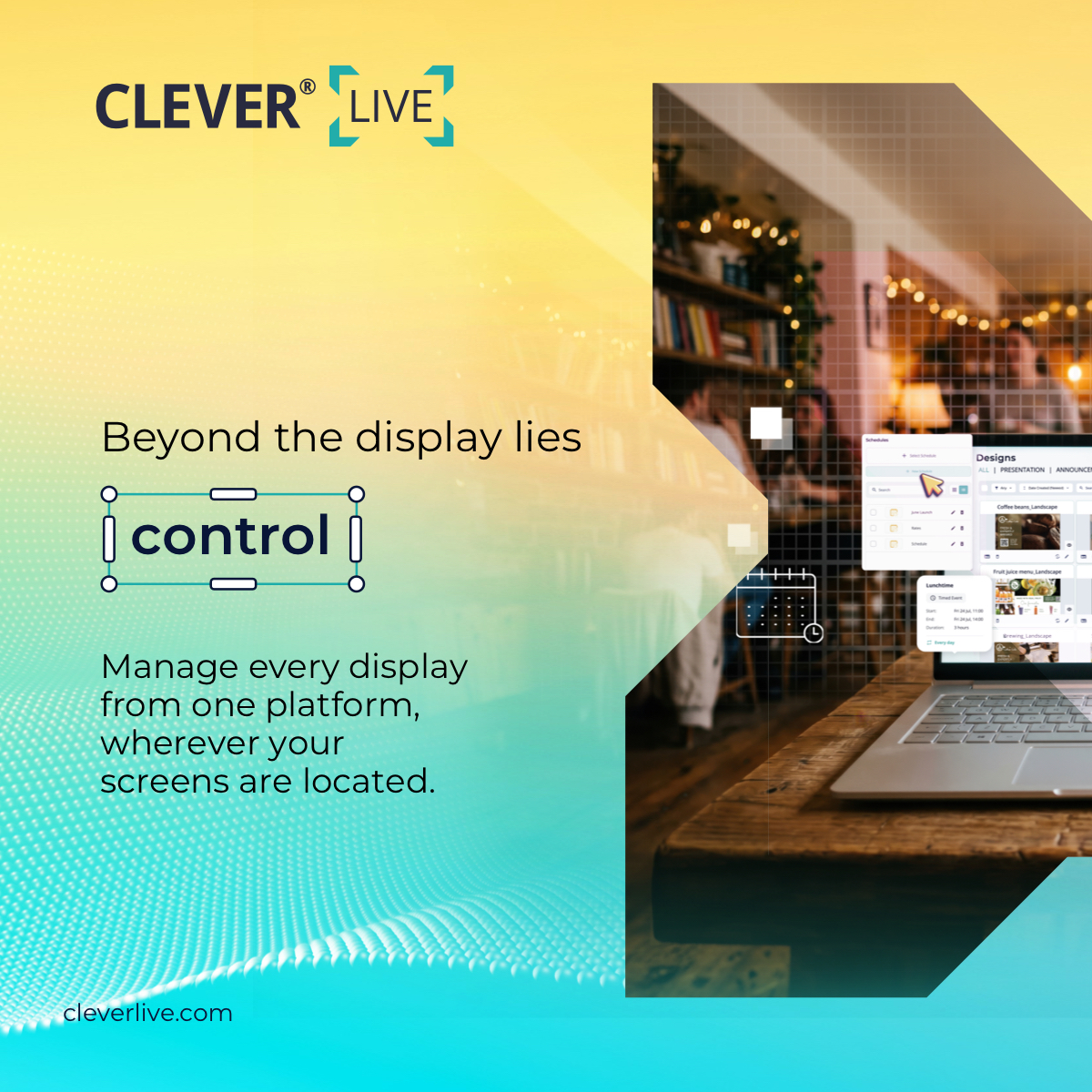 myClevertouch's tweet photo. One screen is easy to manage, but what about thousands?
CleverLive Suite gives you greater control over your digital signage network, with the tools to manage screens, content and schedules from one place. Sign up today - #CleverLive

#DontLookBehindLookBeyond https://t.co/8B0IWYDKON