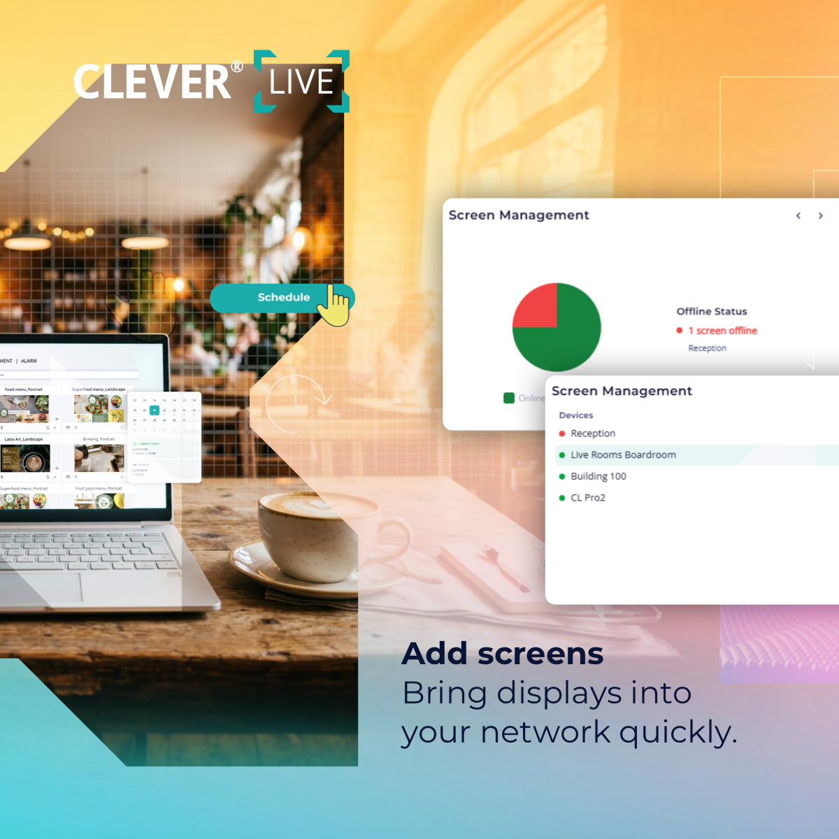 myClevertouch's tweet photo. One screen is easy to manage, but what about thousands?
CleverLive Suite gives you greater control over your digital signage network, with the tools to manage screens, content and schedules from one place. Sign up today - #CleverLive

#DontLookBehindLookBeyond https://t.co/8B0IWYDKON