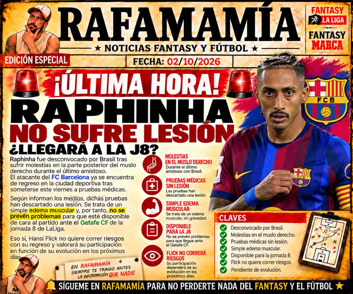 Rafamamia1's tweet photo. 🚨 RAPHINHA: las pruebas médicas descartan una lesión. El brasileño presenta molestias y Flick no quiere correr riesgos, por lo que su presencia ante el Getafe dependerá de su evolución. 👀⚽
#Raphinha #FCBarcelona #FantasyLaLiga #FantasyMarca #RafaMamia https://t.co/QBDtE4cjZd