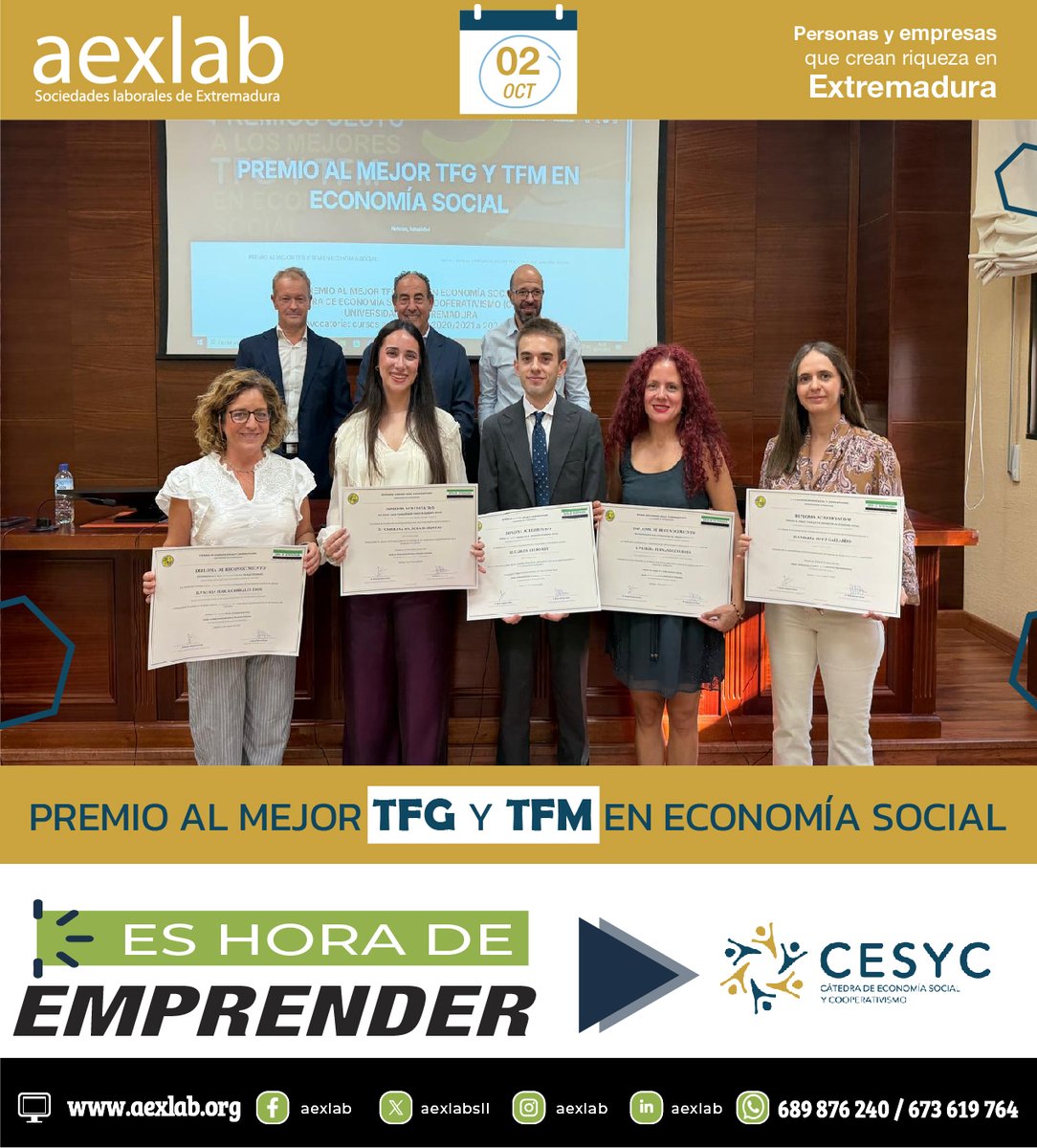 aexlabsll's tweet photo. Reconociendo el talento y el compromiso con la Economía Social Extremeña.

Desde AEXLAB, hemos tenido el placer de participar en la entrega de los Premios al Mejor TFG y TFM en Economía Social, impulsados por la Cátedra de Economía Social y Cooperativismo (CESyC) de la @infouex https://t.co/RLHQ70sxbx