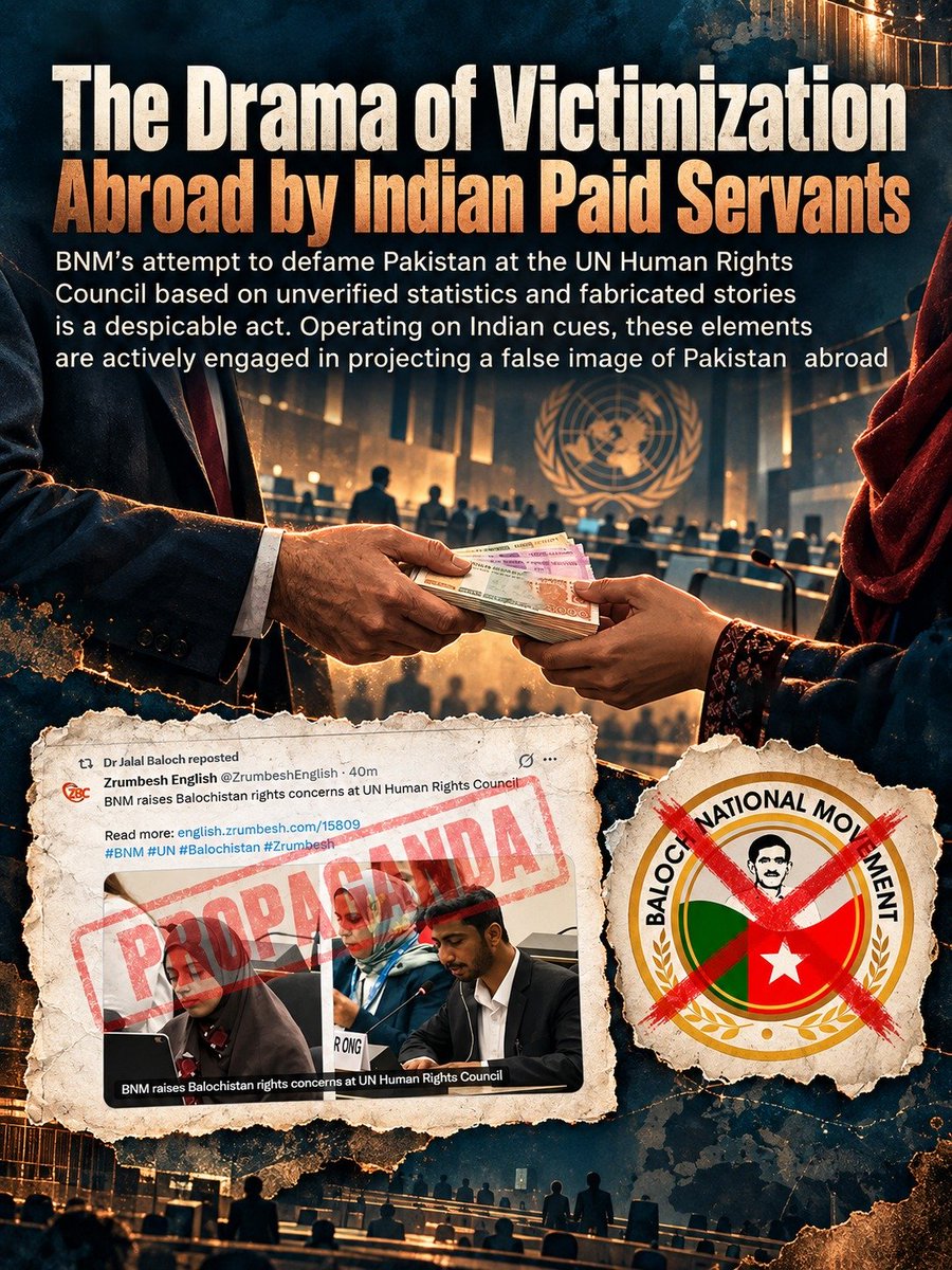 Zebabalochh44's tweet photo. BNM-backed elements are staging a victimhood narrative abroad, using unverified figures to malign Pakistan at UN forums—exposing their anti-state agenda.
#BNM #Pakistan #Balochistan #UN #Propaganda #TruthMatters https://t.co/vpZFL8LGEy
