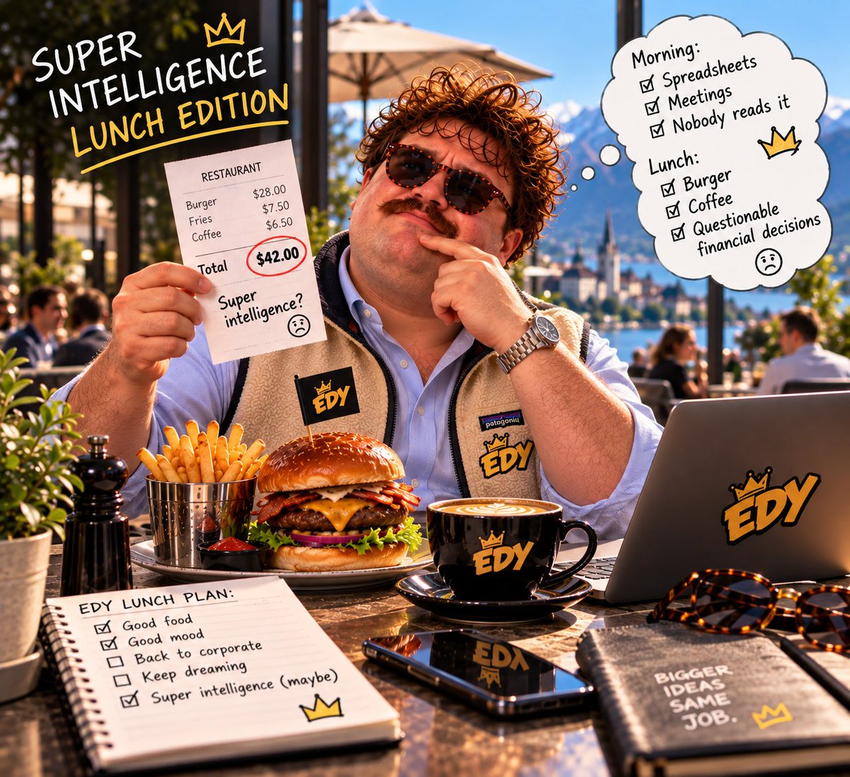 Edyonsol's tweet photo. Lunch break. 🍔

EDY spent the morning making spreadsheets nobody will read.

Now he’s paying 42 bucks for a burger, fries and coffee. 😭

Super intelligence: questionable. Financial decisions: even more questionable.

Back to corporate. ☕🥸

#EDYonSol #SI https://t.co/fyrar0Ajit