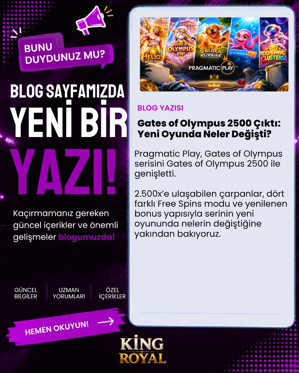 KRoyal_TR's tweet photo. #KINGROYAL BLOG’DA YENİ YAZI!

⚡Gates of Olympus 2500’de neler değişti?

✨ 2.500x’e ulaşan çarpanlar
🎰 4 farklı Free Spins modu
🎁 Yenilenen bonus yapısı

 Yenilikleri keşfetmek için blog yazımıza göz at!

🔗Güncel link profilde!
Hayırlı Cumalar #mügeanlı Yasin Kol UEFA #cuma https://t.co/ZHeyRjKOi8