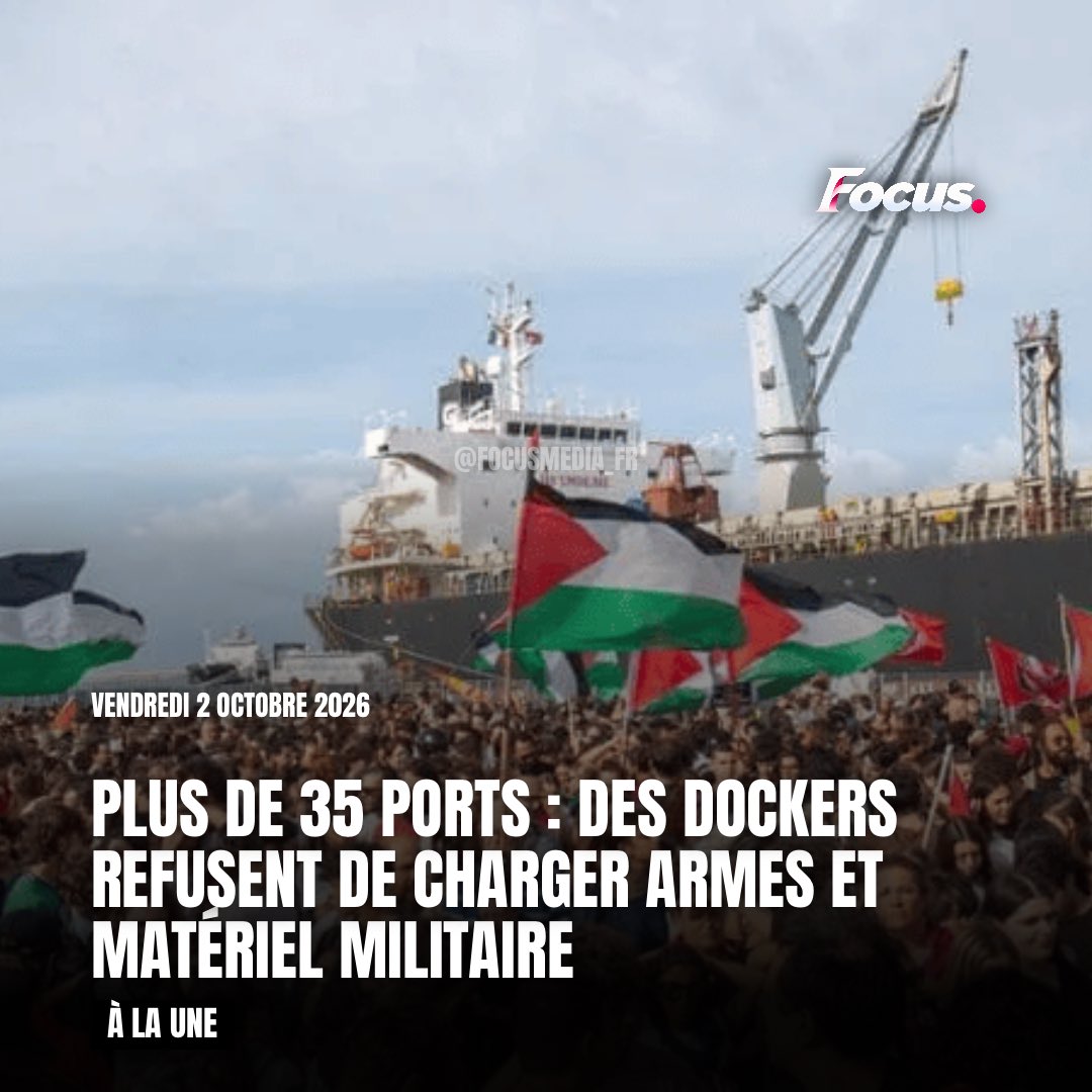 FocusMedia_Fr's tweet photo. 🇵🇸 ⚓️ ✊ FLASH INFO — PLUS DE 35 PORTS : DES DOCKERS REFUSENT DE CHARGER ARMES ET MATÉRIEL MILITAIRE

Des syndicats de dockers représentant plus de 35 ports d’Europe et de Méditerranée, dont la CGT Ports et Docks SN FRANCE, ont signé la déclaration d’Istanbul : ils s’engagent à S’OPPOSER AJ CHARGEMENT D’ARMES, DE MUNITIONS ET DE MATÉRIEL MILITAIRE destinés aux zones de guerre.

Les syndicats appellent à une journée internationale d’action le 30 octobre, avec notamment la situation à Gaza au cœur de leurs revendications. 

Source : Déclaration d’Istanbul — Progressive International