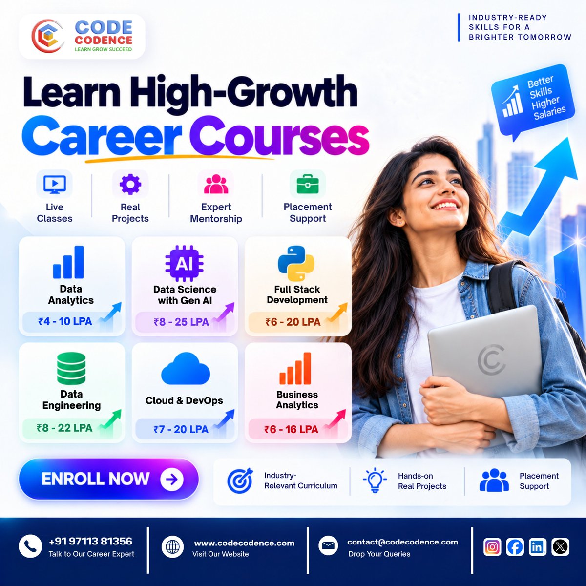 CodeCodence's tweet photo. Learn High-Growth Career Courses 🚀

INDUSTRY-READY SKILLS FOR A BRIGHTER TOMORROW

Better Skills Higher Salaries:

Data Analytics ₹4-10 LPA | Gen AI ₹8-25 LPA | Full Stack ₹6-20 LPA | Data Eng ₹8-22 LPA | Cloud ₹7-20 LPA | Business Analytics ₹6-16 LPA

#HighGrowth #AI https://t.co/dfWiARYwJx