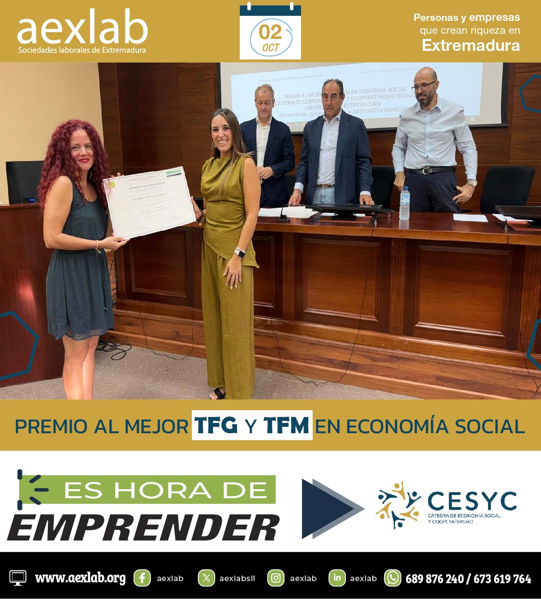 aexlabsll's tweet photo. Reconociendo el talento y el compromiso con la Economía Social Extremeña.

Desde AEXLAB, hemos tenido el placer de participar en la entrega de los Premios al Mejor TFG y TFM en Economía Social, impulsados por la Cátedra de Economía Social y Cooperativismo (CESyC) de la @infouex https://t.co/RLHQ70sxbx